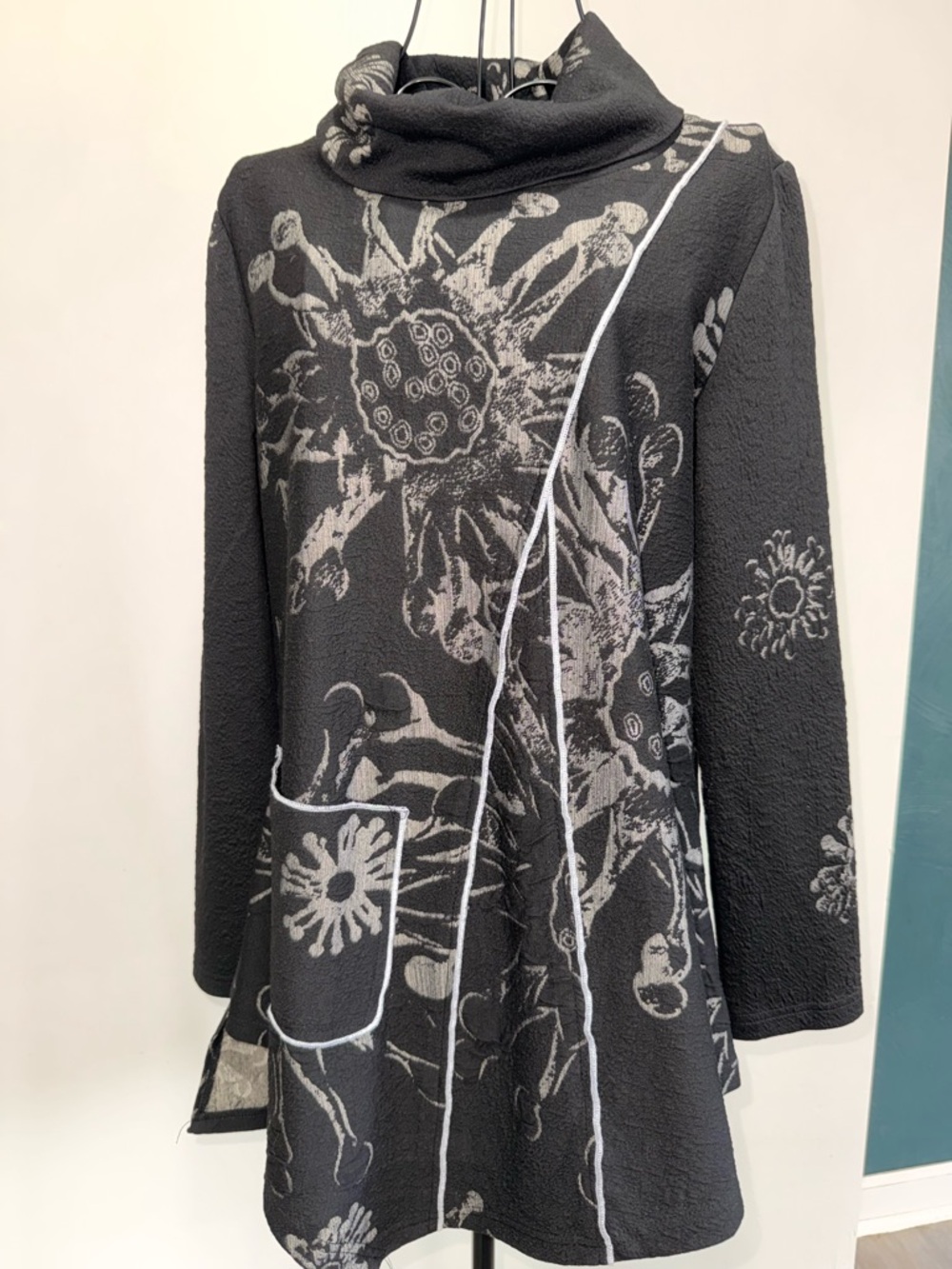 Black Floral Long-Sleeve Cowl Neck Dress with Contrast Piping